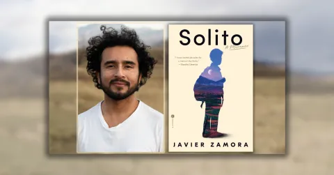 A photo of Javier Zamora next to a photo of his book, Soliton's book cover art. Background is of North American mountains.