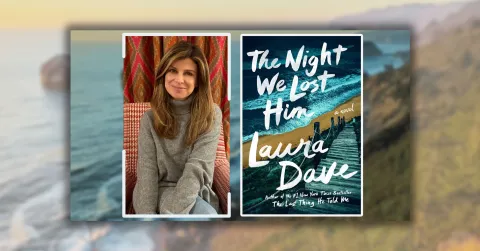 Two images. The first is a photo of Laura Dave, sitting in a wingback chair. Second image is a book cover with an image of the beach and the title of the book.