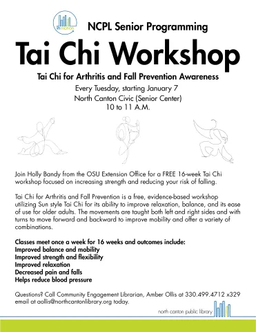 Tai Chi for Arthritis and Prevention Awareness  Join Holly Bandy from the OSU Extension Office for a FREE 16-week Tai Chi workshop focused on increasing strength and reducing your risk of falling.