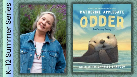 Katherine Applegate next to her book "Odder"