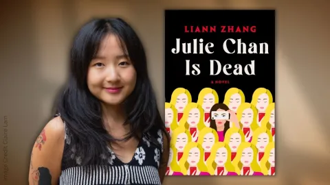 Liann Zhang smiling with an image of her book , "Julie Chan is Dead", next to her.