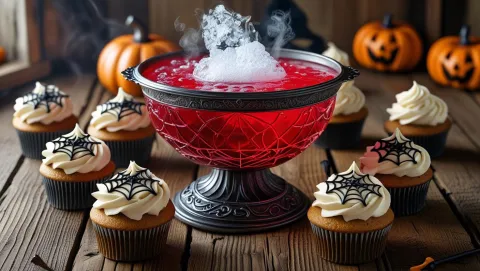 A table with spider web cupcakes and red punch