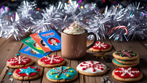 Festive cookies, hot coca and trivia cards