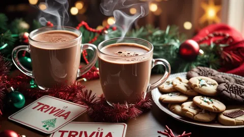 Hot Cocoa, Trivia Cards, Cookies in festive surroundings