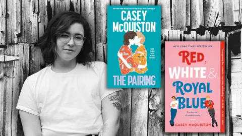 Casey McQuiston with her books The Pairing and Red, White and Royally Blue