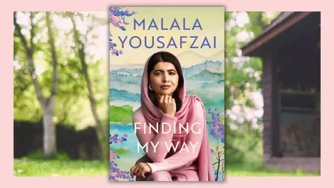 Malala Yousafzai's book cover featuring her in a seated position behind a watercolor mountain scene