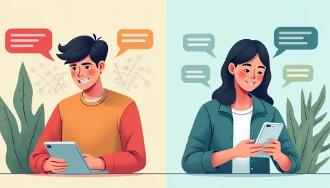a man looks at a tablet and is clearly frustrated. Next to him a woman is looking at her phone and is calm and happy.