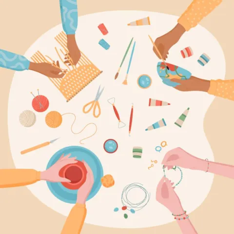  Overhead illustration of 4 people working on their own craft projects with supplies scattered around them