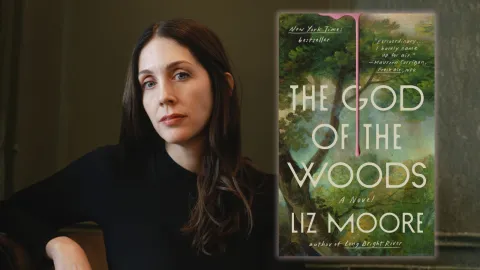 Liz Moore with her book The God of the Woods
