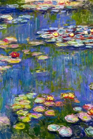 Claude Monet water lilies painting featuring blue and green hues within the water and several various colored lily pads