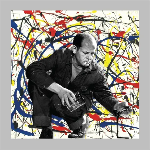 Artist Jackson Pollock kneeling and pouring a paint can onto a canvas. In the background is one of his iconic splatter paint works featuring the colors yellow, red, blue, and black