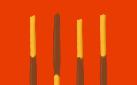 four pocky sticks with chocolate on one end