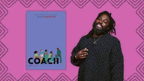 Jason Reynolds with his book Coach