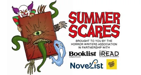 Summer scares logo - creepy book with a face and bloody text that reads Summer Scares
