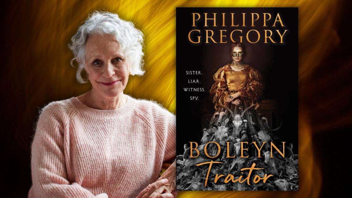 Philippa Gregory seated next to her book Boleyn Traitor