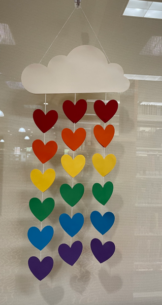 White cardstock cloud with three strands of rainbow hearts coming from the bottom of the cloud. 