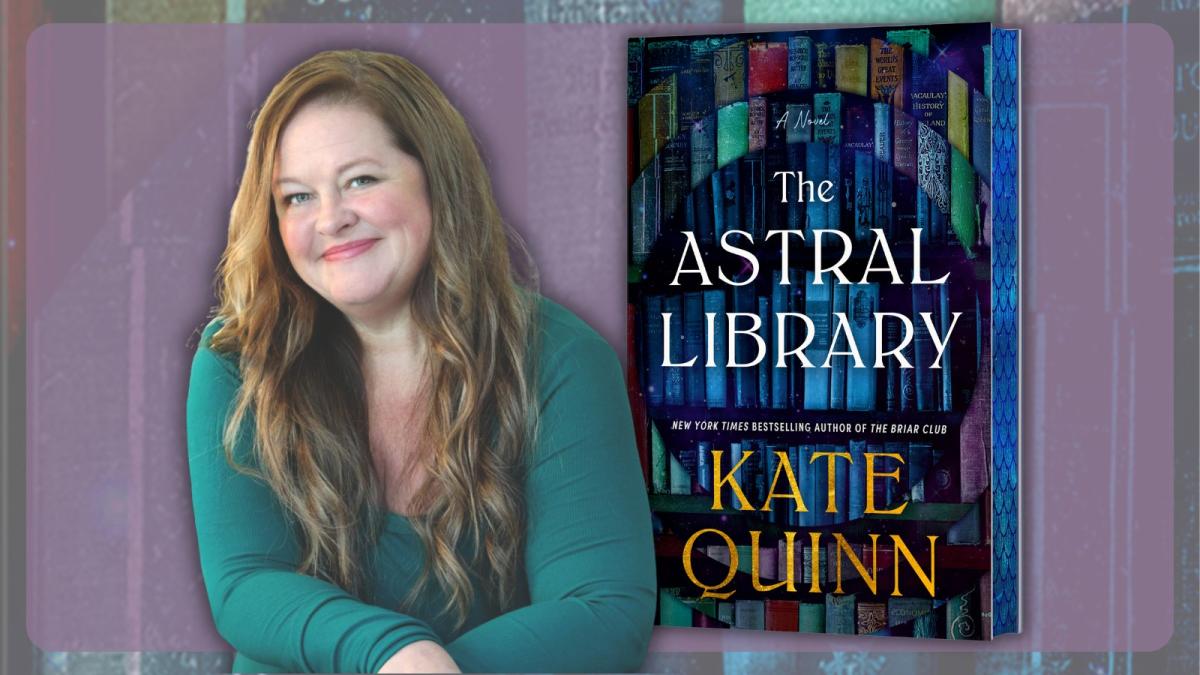 Kate Quinn with her book Astral Library on a purple background